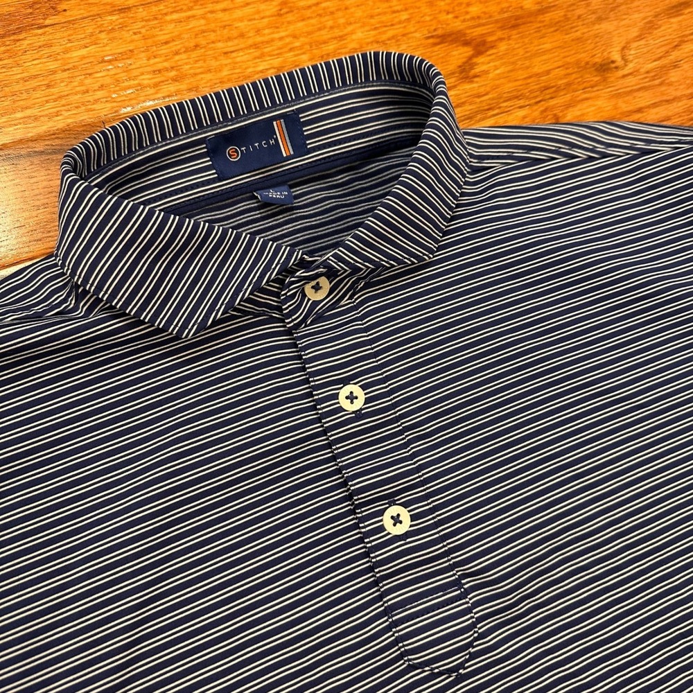 Stitch Golf Performance Polo Shirt Mens Large Blue White Striped No Logo Stretch